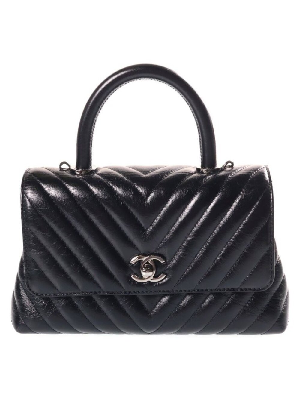 Chanel Chevron Coco Handle 24 2-Way Mini Shoulder Bag Black Shiny Calfskin
